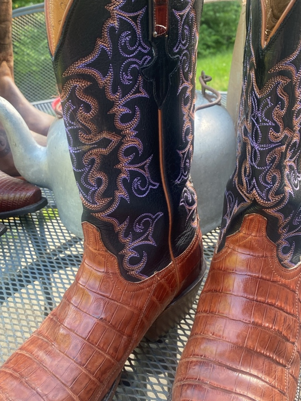 Western Croc-Embossed Leather Cowboy Boots in Black & Brown